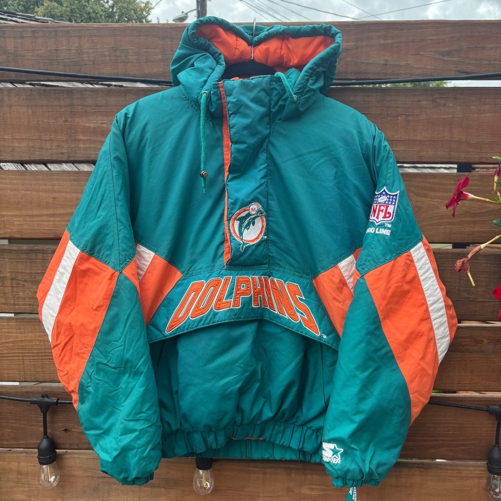 Starter Miami Dolphins Anorak Jacket Mens Medium Aqua Orange Vintage 90s Puffer